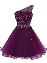 Purple Tulle One Shoulder Crystal Homecoming Dress