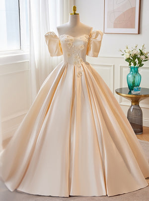 Champagne Satin Puff Sleeve Wedding Dress
