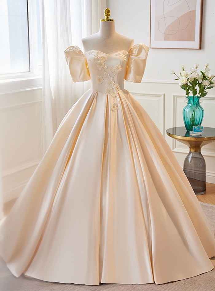 Champagne Satin Puff Sleeve Wedding Dress