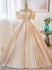 Champagne Satin Puff Sleeve Wedding Dress