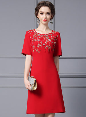 Red Short Sleeve Sequins Mother Of The Bride Dress