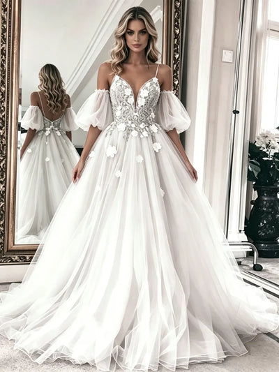 White Tulle Lace Spaghetti Straps Wedding Dress