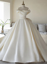 Ivory Satin Off the Shoulder Pleats Wedding Dress