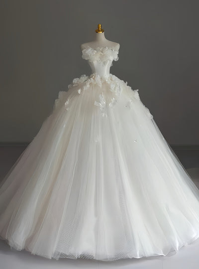 White Tulle Strapless 3D Flower Wedding Dress