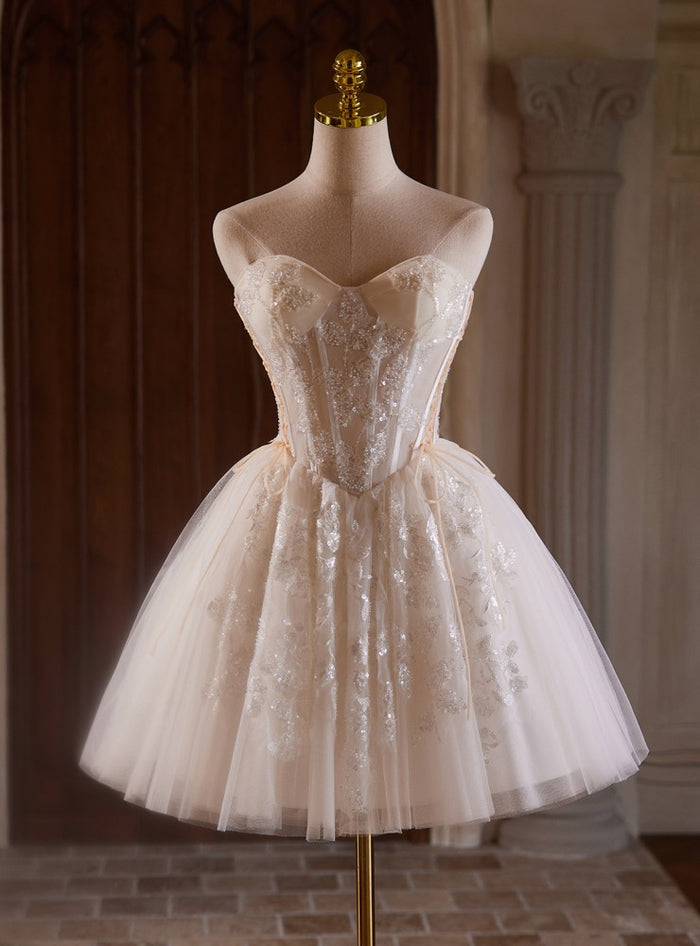 Beige Tulle Beading Homecoming Dress
