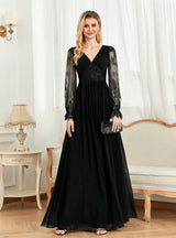 Black Tulle Lace Long Sleeve V-neck Prom Dress