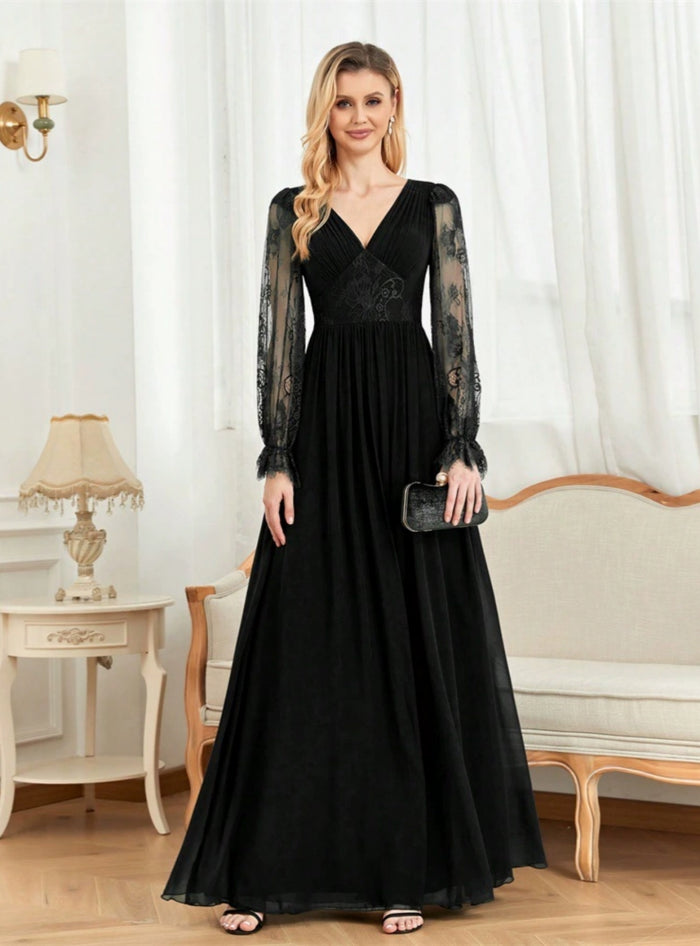 Black Tulle Lace Long Sleeve V-neck Prom Dress