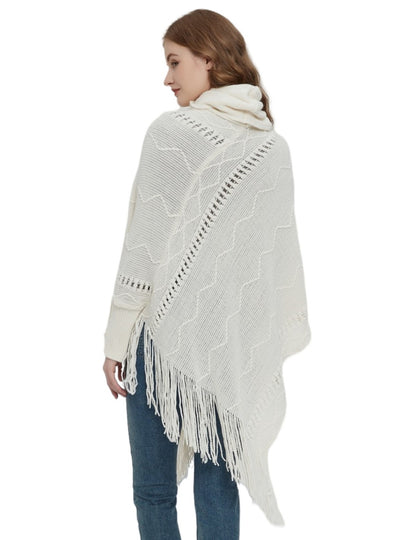 Hollow Collar Long Sleeve Fringed Cloak Shawl