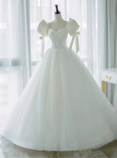 White Tulle Puff Sleeve Bow Wedding Dress