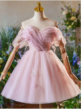 Pink Tulle Off the Shoulder Pleats Homecoming Dress