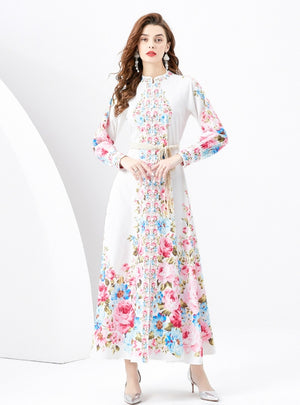 Retro Printed Long Sleeve Slim Dress