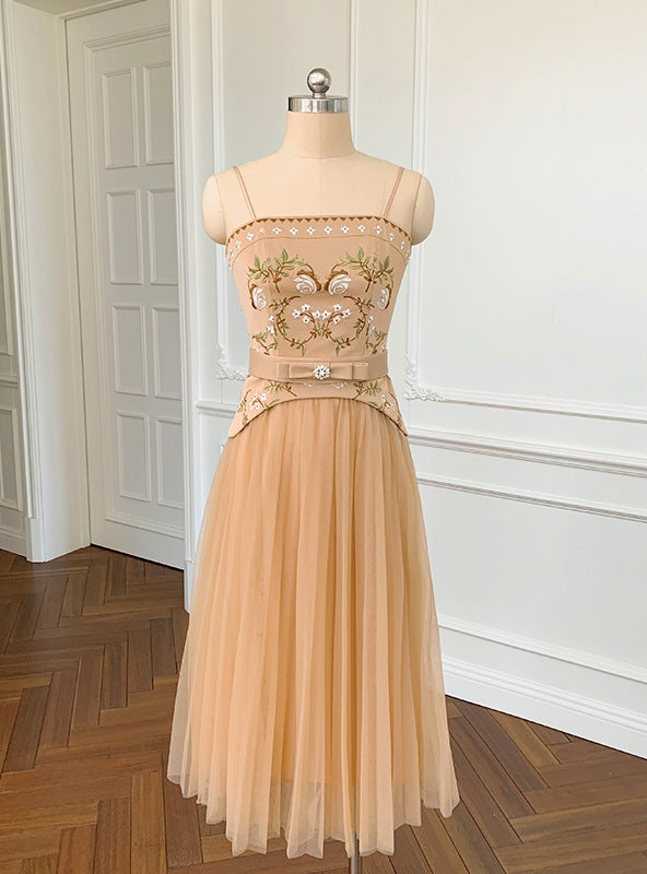 Khaki Tulle Embroidery Straps Prom Dress