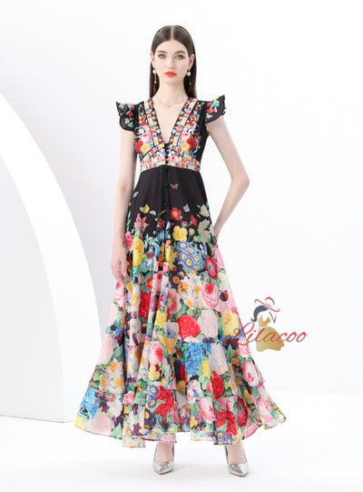 Flying Sleeve V-neck Slim Waist Printed Dress