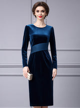 Simple Blue Velvet Long Sleeve Mother Of The Bride Dress