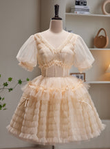 Champagne Tulle V-neck Beading Homecoming Dress