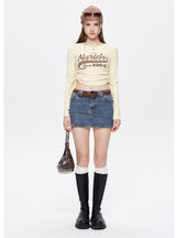 Drawstring Tie Round Neck Letter Long Sleeve T-shirt