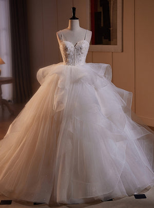 White Tulle Spaghetti Straps Appliques Beading Wedding Dress