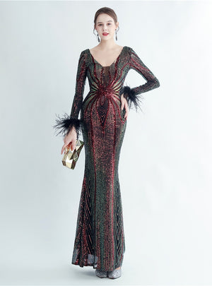 Long Sleeve Mermaid V-neck Sequins Prom Dress