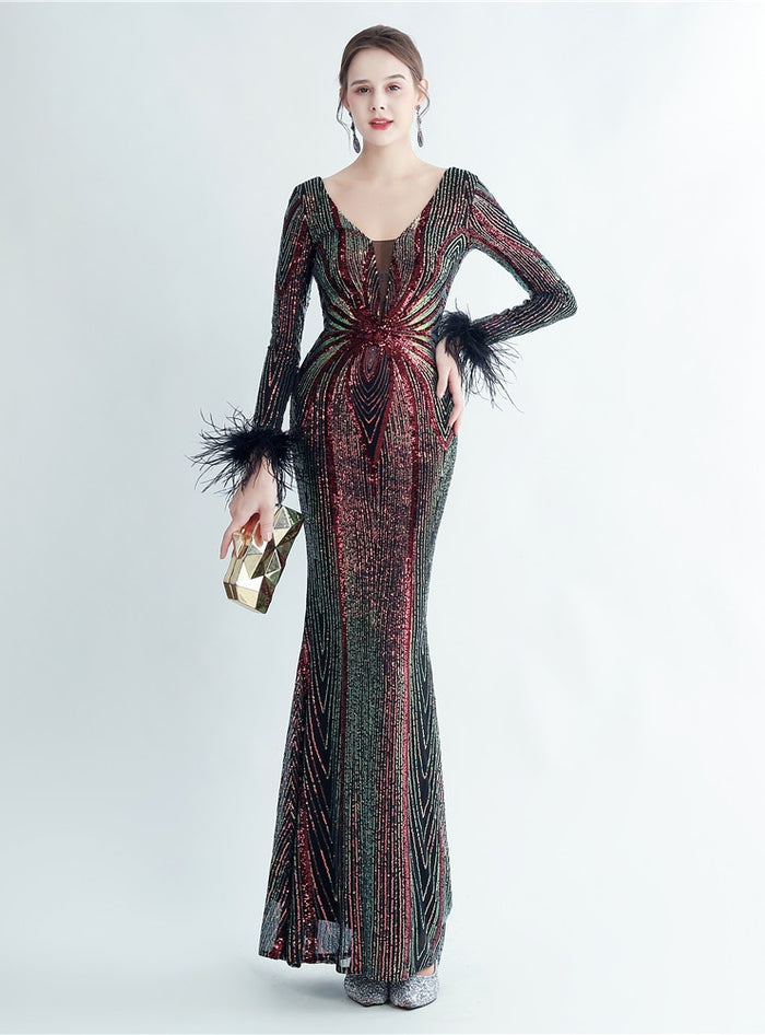 Long Sleeve Mermaid V-neck Sequins Prom Dress