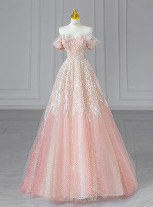 Pink Tulle Sequins Off the Shoulder Prom Dress