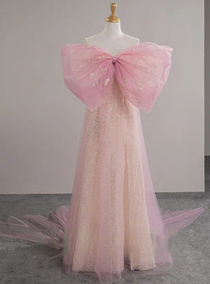 Pink Tulle Bow Beading Prom Dress