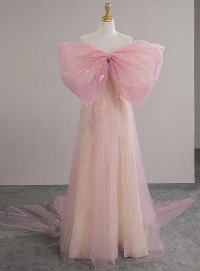 Pink Tulle Bow Beading Prom Dress