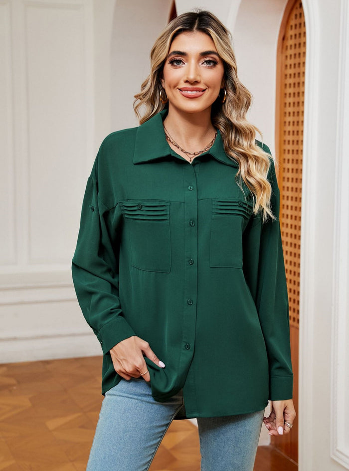 Solid Color Lapel Button Pocket Long Sleeve Shirt