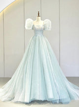 Light Blue Tulle Sequins Puff Sleeve Pleats Prom Dress
