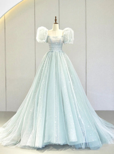 Light Blue Tulle Sequins Puff Sleeve Pleats Prom Dress