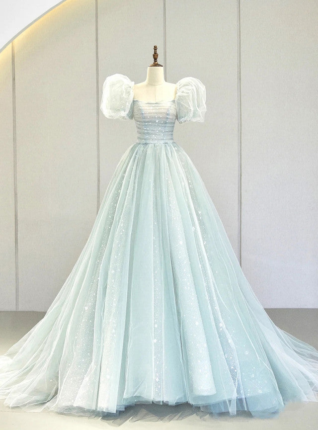 Light Blue Tulle Sequins Puff Sleeve Pleats Prom Dress