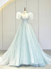 Light Blue Tulle Sequins Puff Sleeve Pleats Prom Dress