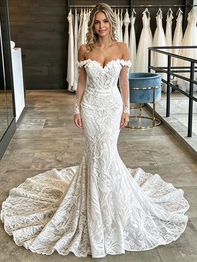 White Mermaid Lace Long Sleeve Wedding Dress