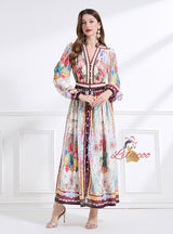 Vintage Palace V-neck Lantern Sleeve Printed Long Dress