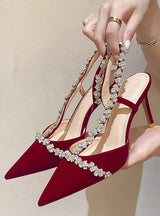 Pointed Rhinestone Sandals Red Wedding Shoes
