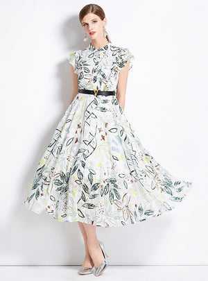 Printed Lotus Leaf Sleeve Big Swing Dress