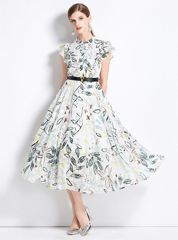 Printed Lotus Leaf Sleeve Big Swing Dress