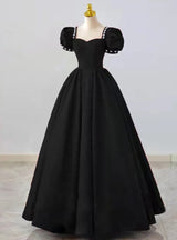 Black Square Puff Sleeve Beading Prom Dress