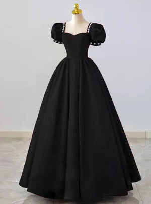 Black Square Puff Sleeve Beading Prom Dress