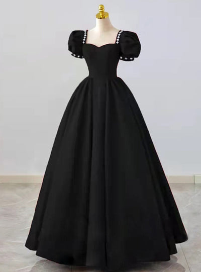 Black Square Puff Sleeve Beading Prom Dress