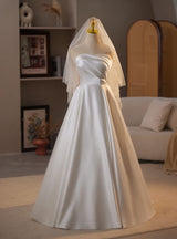 A-Line White Satin Pleats Wedding Dress
