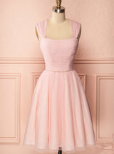 Pink Tulle Pleats Beading Homecoming Dress