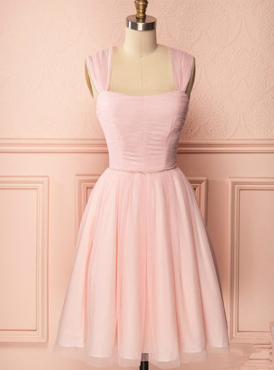 Pink Tulle Pleats Beading Homecoming Dress