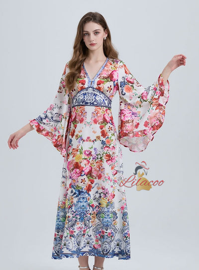 V-neck Printed Flared Sleeve Dress