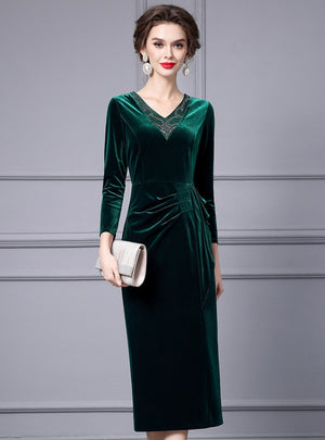 Green Velvet Long Sleeve Mother of the Bride Dress