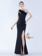 One Shoulder Split Feather Prom Dress