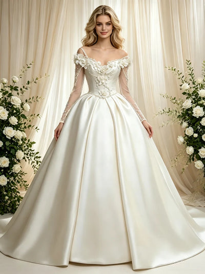 Ivory Satin Long Sleeve Flower Wedding Dress