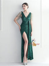 V-neck Sequins Beading Split Prom Dress