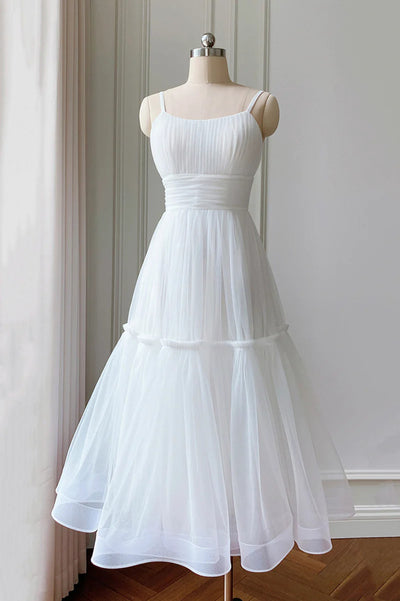 White Tulle Spaghetti Straps Pleat Prom Dress
