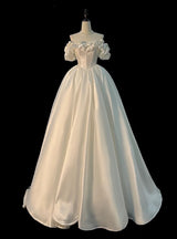 White Satin 3D Flower Pearls Wedding Dress