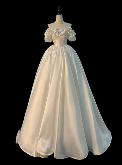 White Satin 3D Flower Pearls Wedding Dress